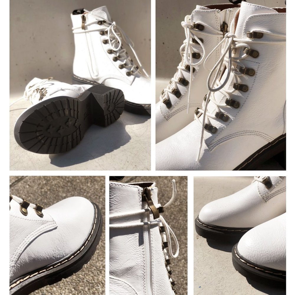 NEW White Faux Vegan Leather Laced Up Lug Sole Platform Ankle Combat Boots Shoes - Picture 9 of 12